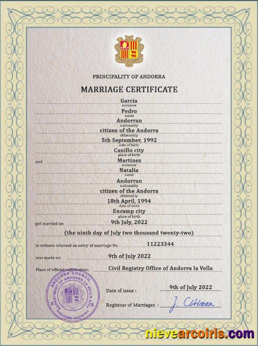 Andorra marriage certificate